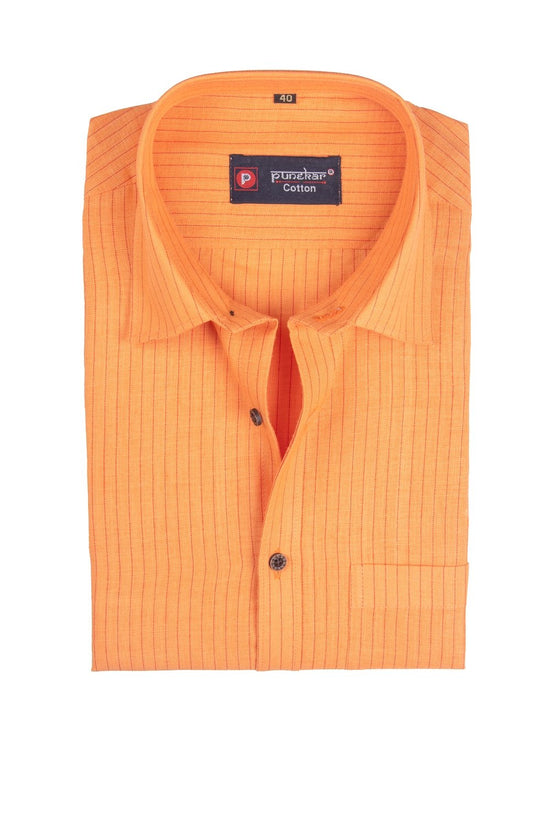 Punekar Cotton Light Orange Color Linning Criss Cross Woven Cotton Shirt for Men's. - Punekar Cotton