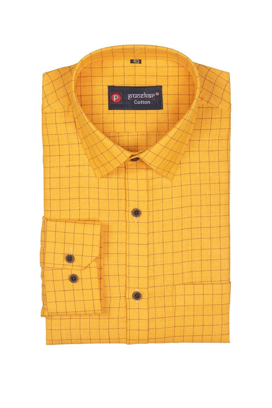 Punekar Cotton Maize Color Check Criss Cross Woven Cotton Shirt for Men's. - Punekar Cotton