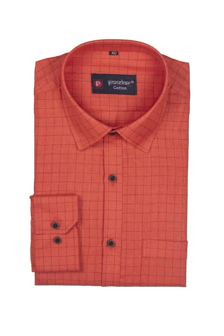 Punekar Cotton Orange Color Check Criss Cross Woven Cotton Shirt for Men's. - Punekar Cotton