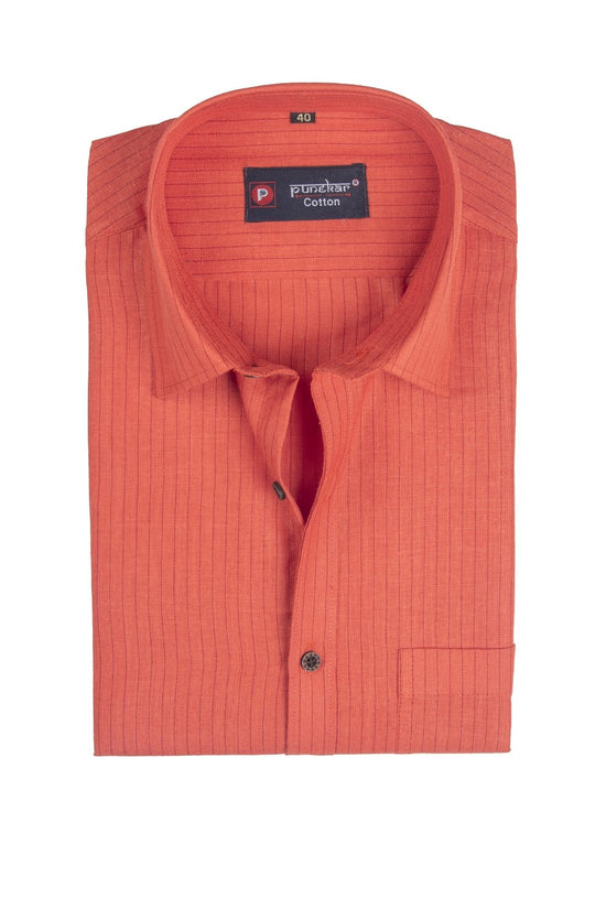 Punekar Cotton Orange Color Linning Criss Cross Woven Cotton Shirt for Men's. - Punekar Cotton