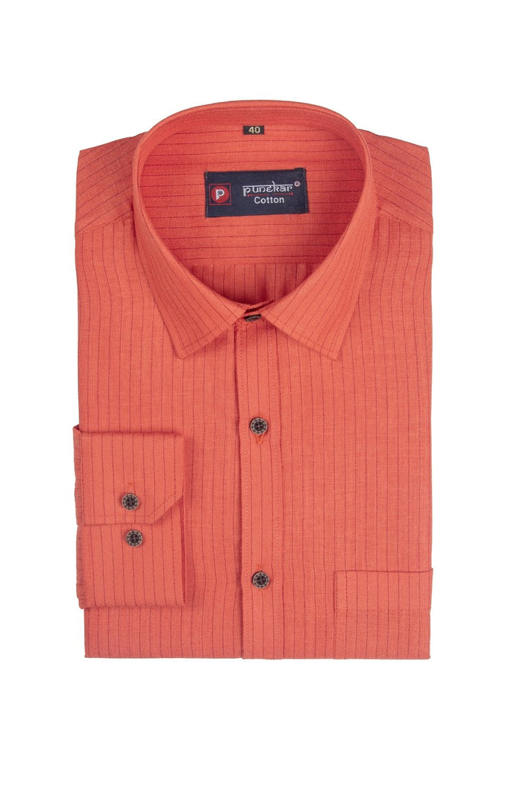 Punekar Cotton Orange Color Linning Criss Cross Woven Cotton Shirt for Men's. - Punekar Cotton