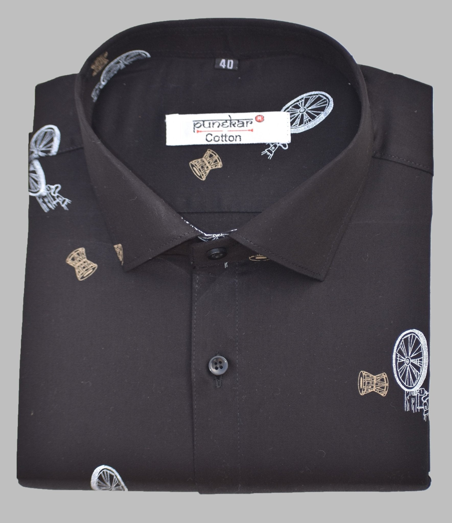 Punekar Cotton Printed Solid Black Color Pure Cotton Handmade Shirt For Men&