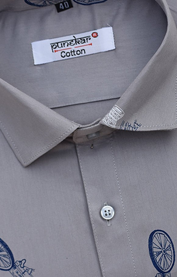 Punekar Cotton Printed Solid Grey Color Pure Cotton Handmade Shirt For Men's. - Punekar Cotton