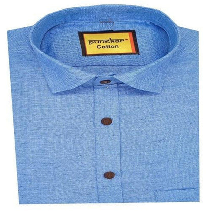 Punekar Cotton Satin Blue Color Full Sleeves Formal Shirt for Men&