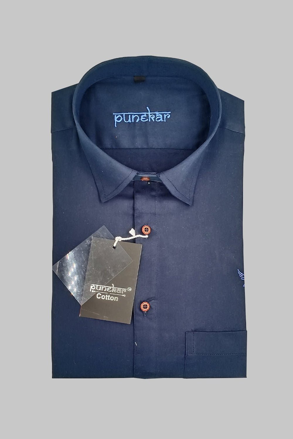 Punekar Cotton Satin Navy Blue Color Full Sleeves Formal Shirt for Men&