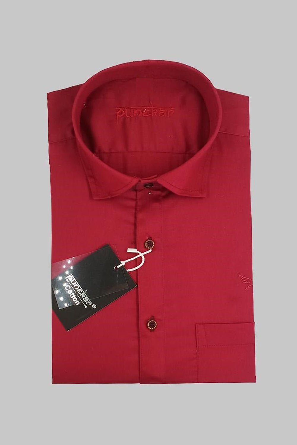 Punekar Cotton Satin Red Color Full Sleeves Formal Shirt for Men's. - Punekar Cotton