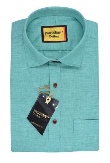 Punekar Cotton Satin Sky Blue Color Full Sleeves Formal Shirt for Men&