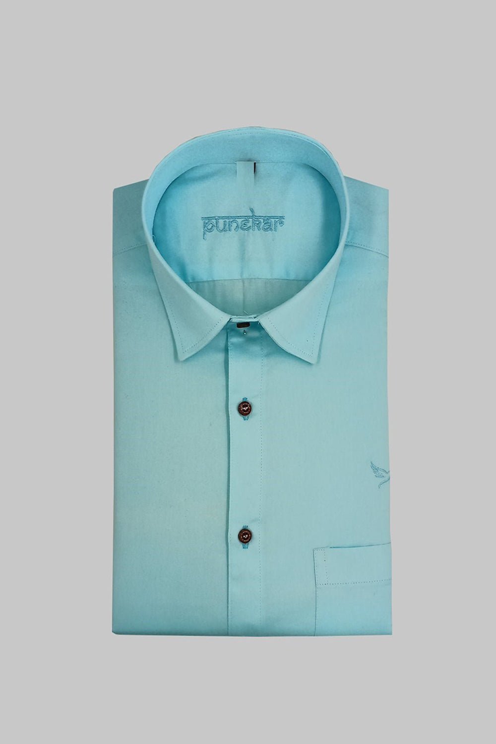 Punekar Cotton Satin Sky Blue Color Full Sleeves Formal Shirt for Men&