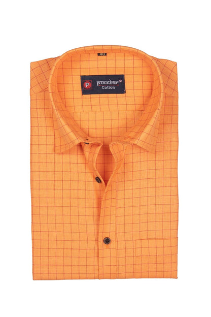 Punekar Cotton Tenn Orange Color Check Criss Cross Woven Cotton Shirt for Men&