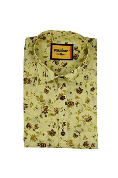 Punekar Cotton Yellow Color Printed Pure Cotton Handmade Formal Shirt for Men&