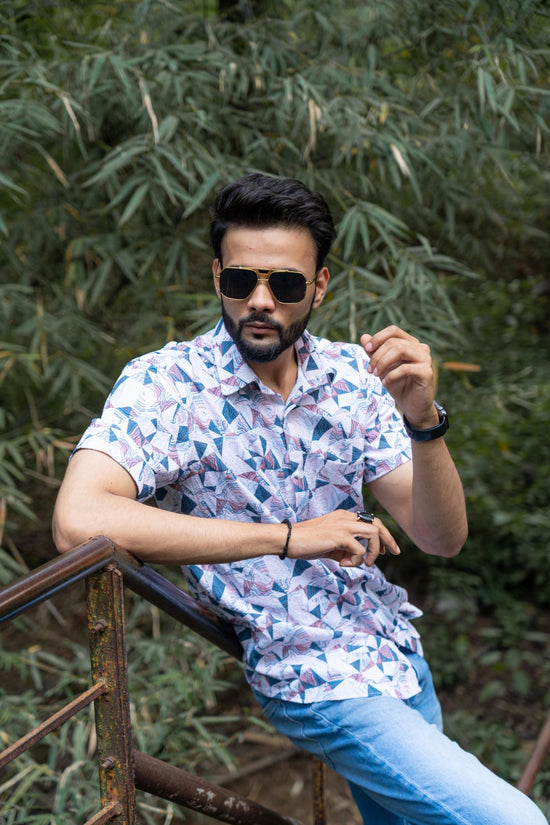 Purple Color Popcorn Triangle Printed Shirt For Men - Punekar Cotton