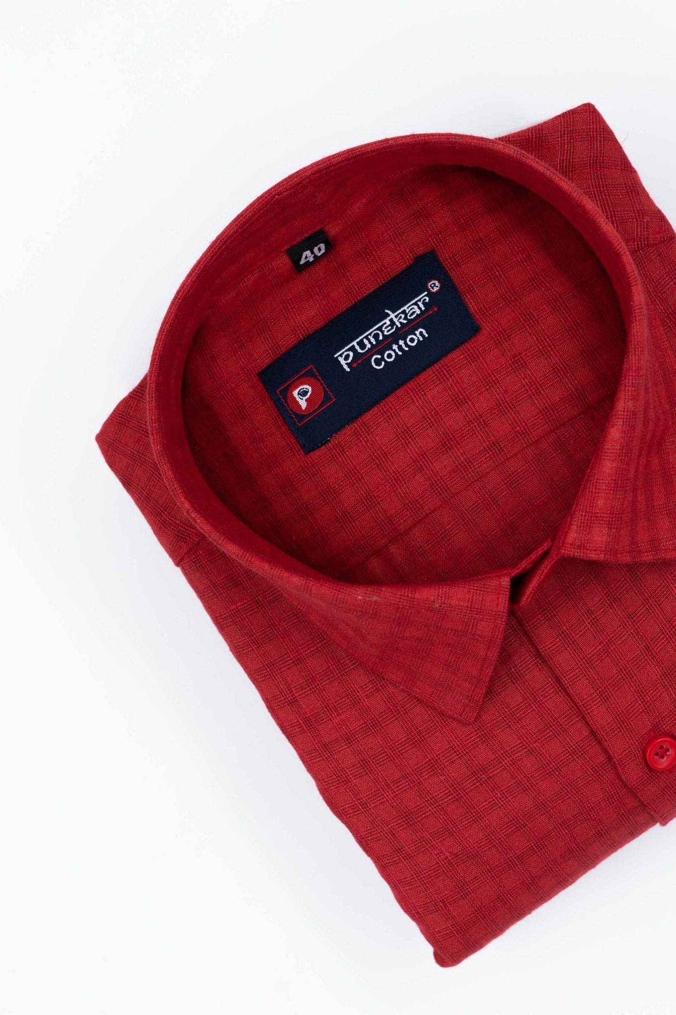 Red Color Cotton Self Woven Checks Handmade Shirts For Men's - Punekar Cotton