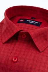 Red Color Cotton Self Woven Checks Handmade Shirts For Men's - Punekar Cotton