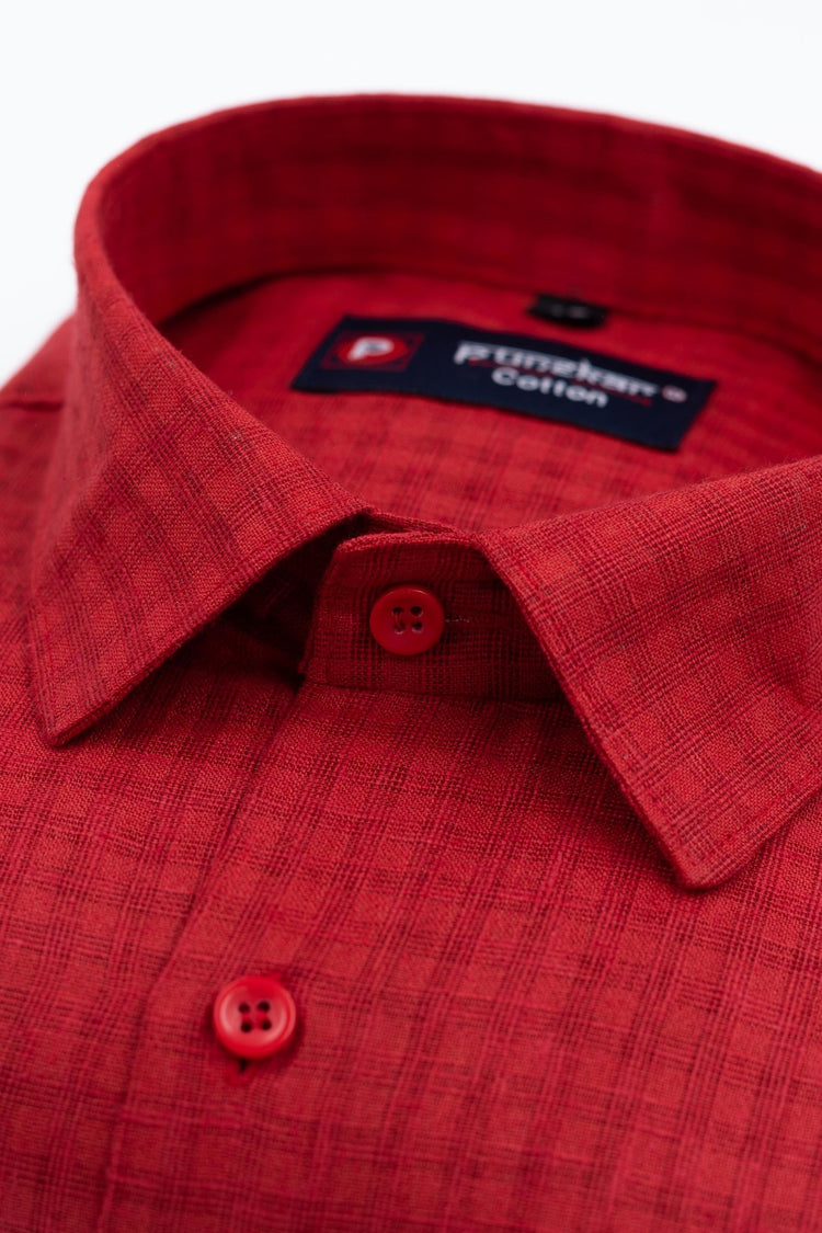 Red Color Cotton Self Woven Checks Handmade Shirts For Men's - Punekar Cotton