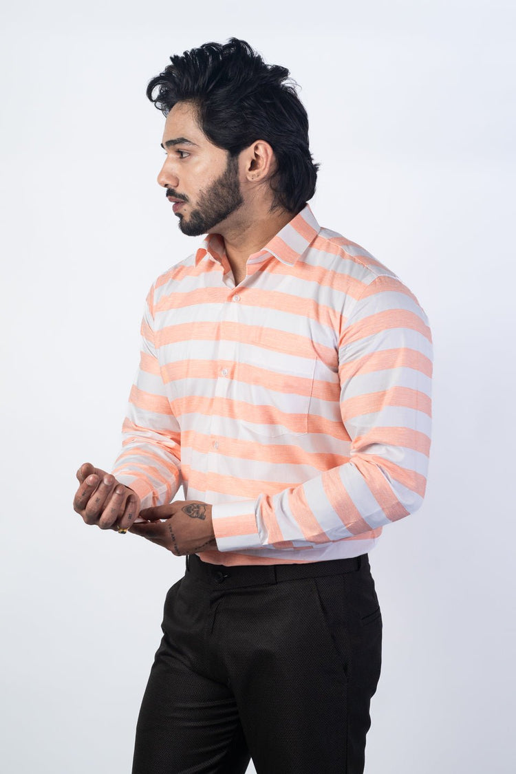 Salmon Orange Color Cotton Stripe Shirt For Men - Punekar Cotton