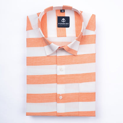 Salmon Orange Color Cotton Stripe Shirt For Men - Punekar Cotton