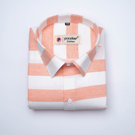 Salmon Orange Color Pure Cotton Stripe Shirt For Men - Punekar Cotton