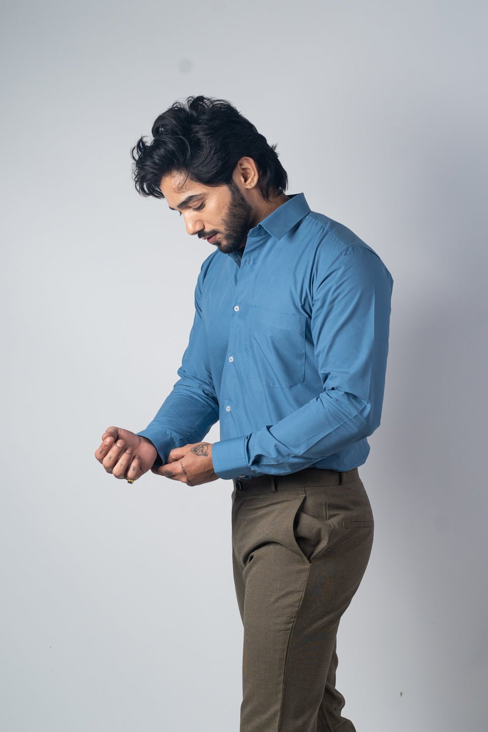 Sea Blue Color Lycra Twill Cotton Shirt For Men - Punekar Cotton