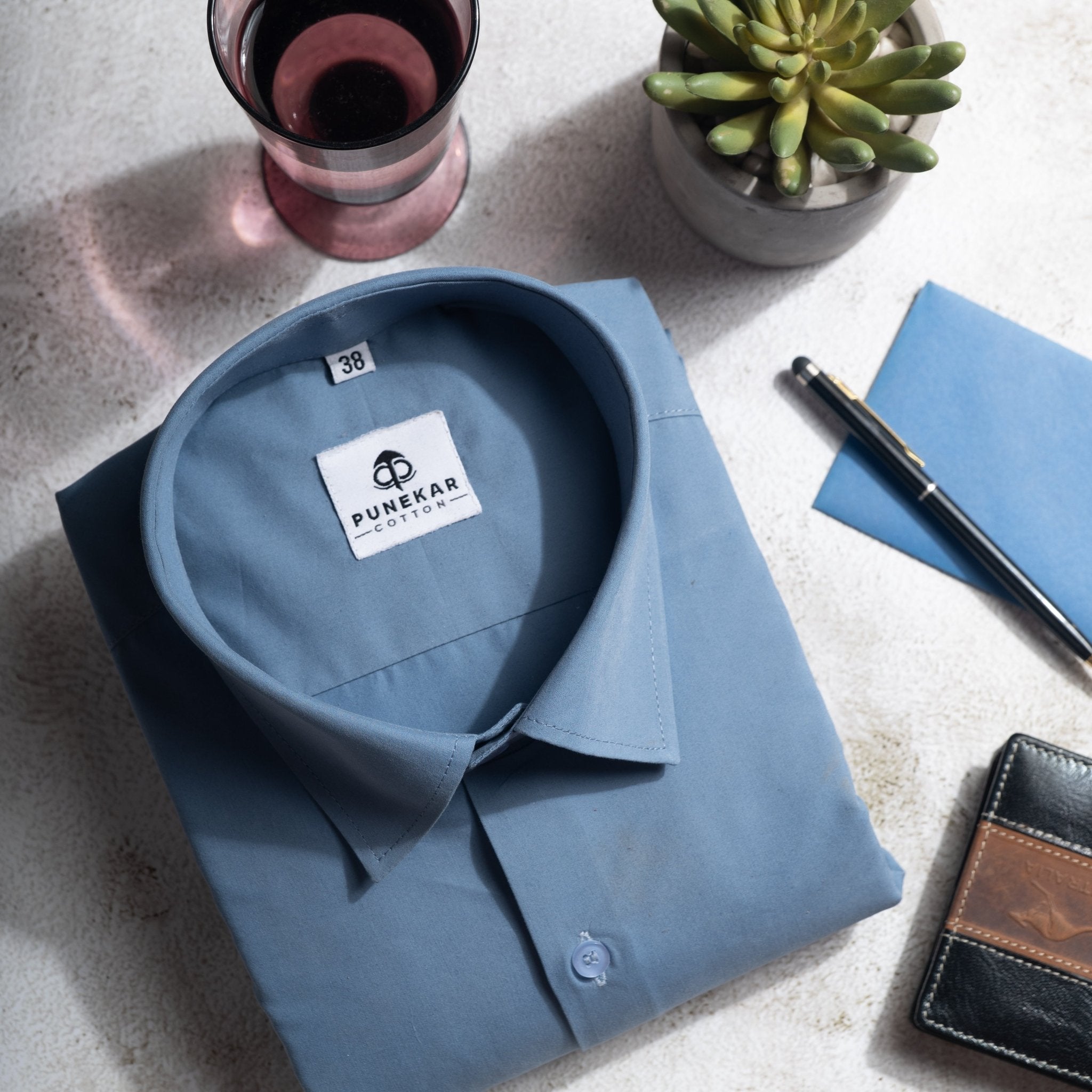 Sea Blue Color Lycra Twill Cotton Shirt For Men - Punekar Cotton