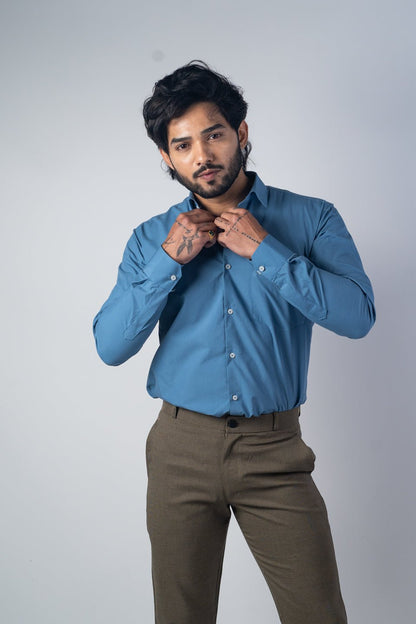 Sea Blue Color Lycra Twill Cotton Shirt For Men - Punekar Cotton