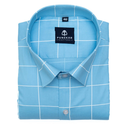 Sky Blue Color Big Checks Cotton Shirts For Men - Punekar Cotton