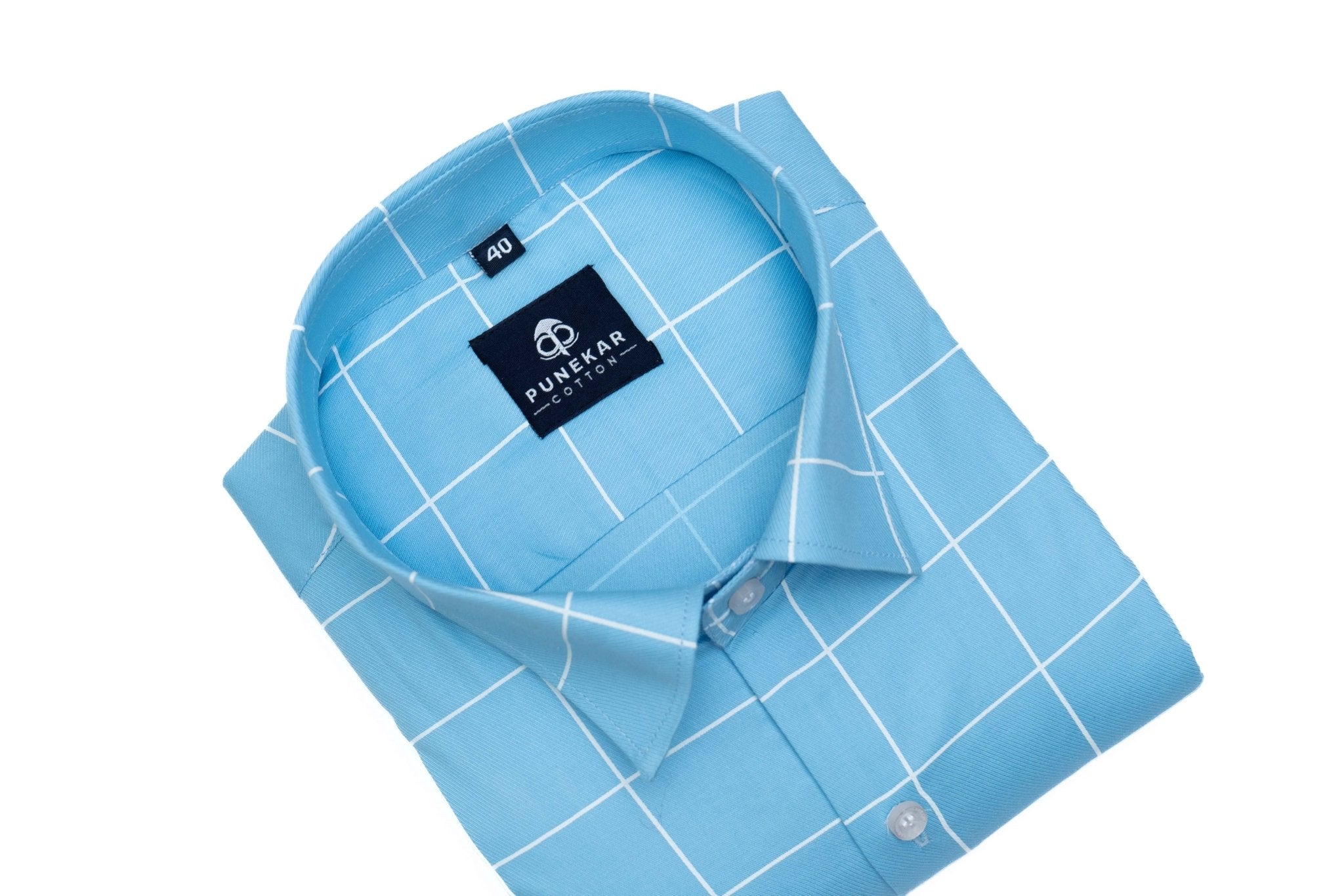 Sky Blue Color Big Checks Cotton Shirts For Men - Punekar Cotton