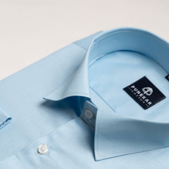 Sky Blue Color Micro Checks Texture Satin Cotton Shirt For Men - Punekar Cotton