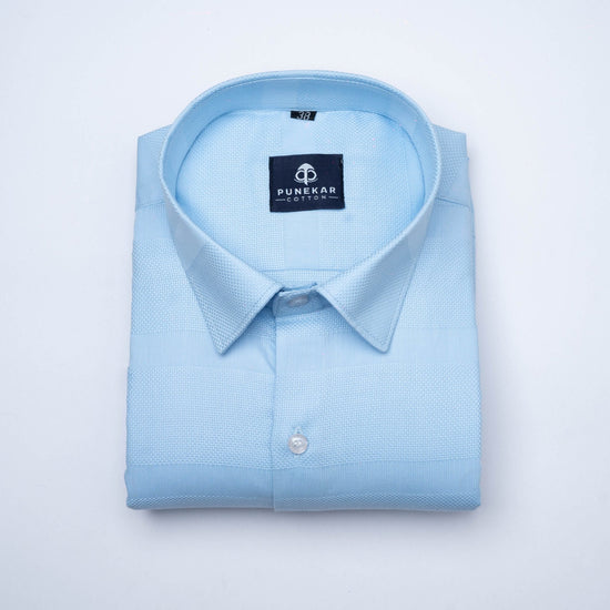 Sky Blue Color Pure Cotton Wide Stripe Shirt For Men - Punekar Cotton