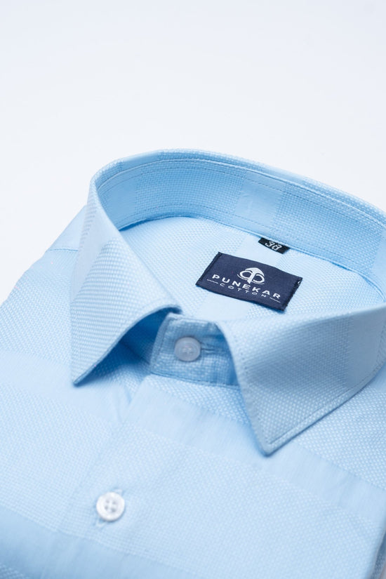 Sky Blue Color Pure Cotton Wide Stripe Shirt For Men - Punekar Cotton
