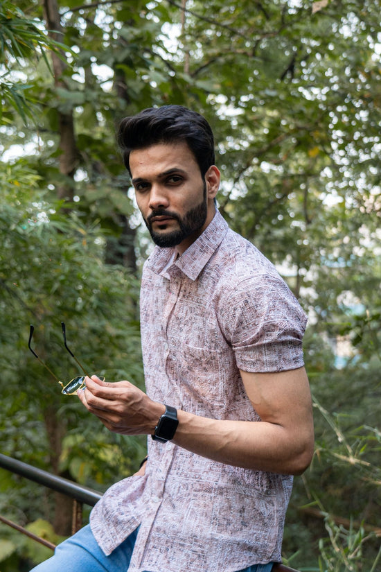 Tan Brown Color Popcorn Moroccan Printed Shirt For Men - Punekar Cotton