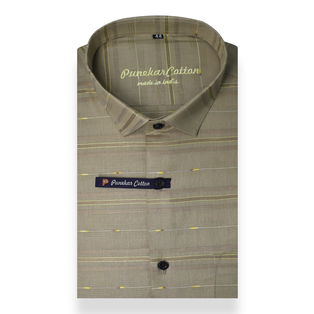 Tan Color Pure Cotton Panelled Butta Stripes Shirts For Men&