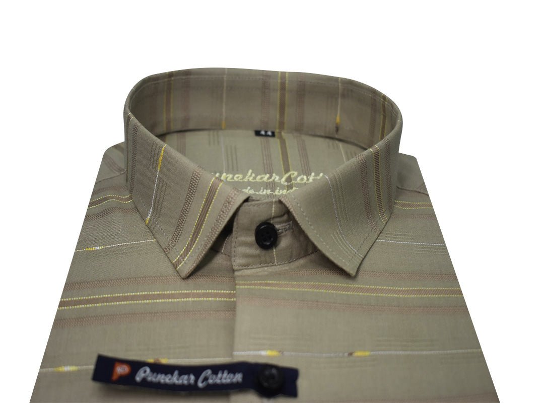 Tan Color Pure Cotton Panelled Butta Stripes Shirts For Men&