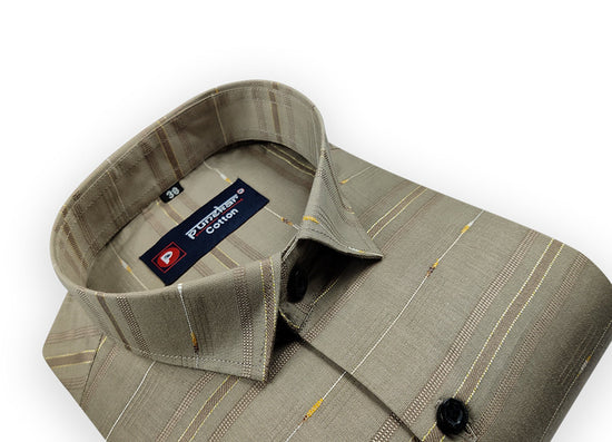 Tan Color Pure Cotton Panelled Butta Stripes Shirts For Men's - Punekar Cotton