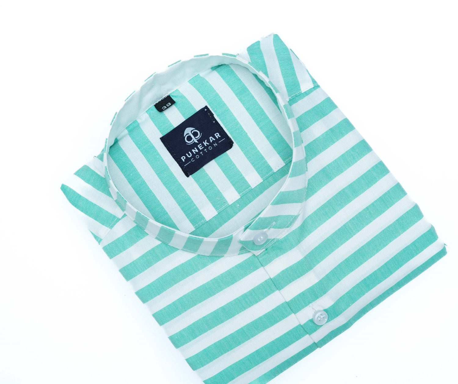 Valley green Color Stand Collar Strips Shirts For Men - Punekar Cotton