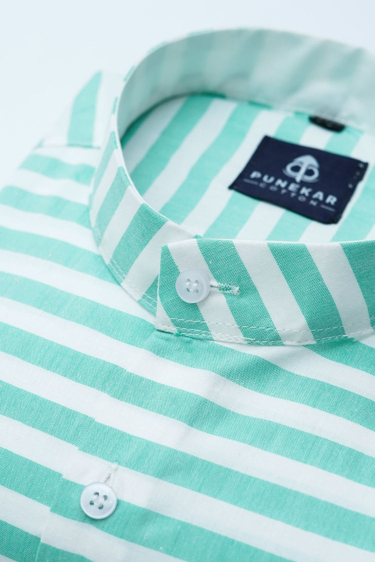 Valley green Color Stand Collar Strips Shirts For Men - Punekar Cotton