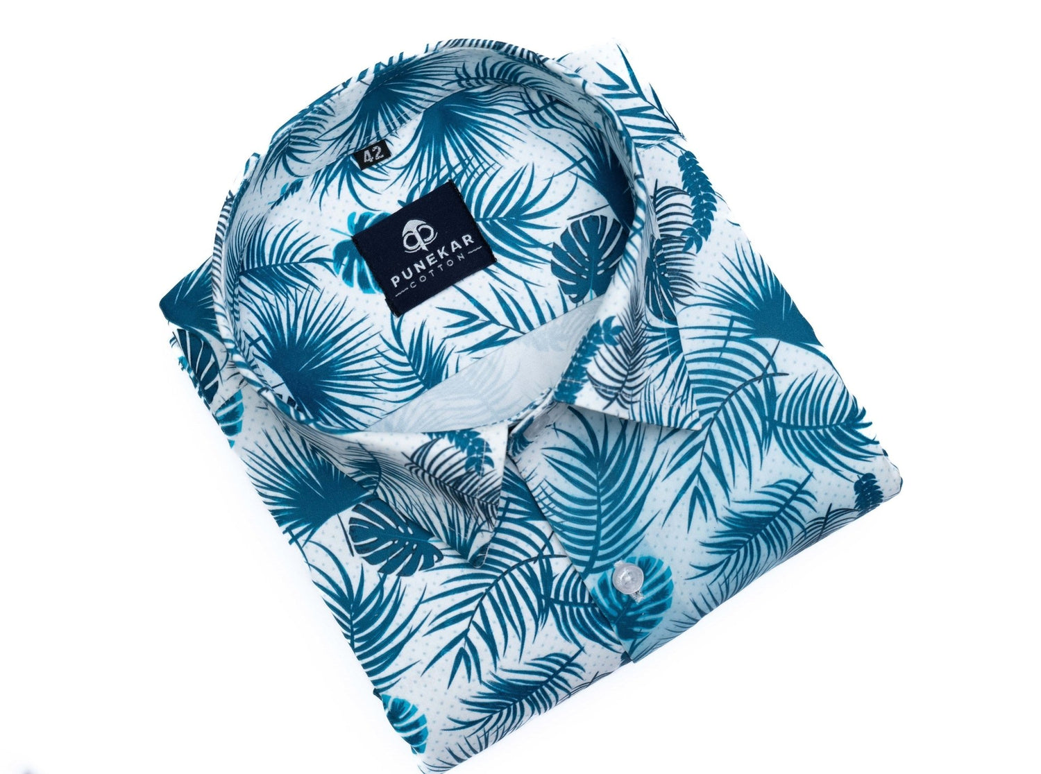 White Blue Color Leaf printed Shirt For Men - Punekar Cotton