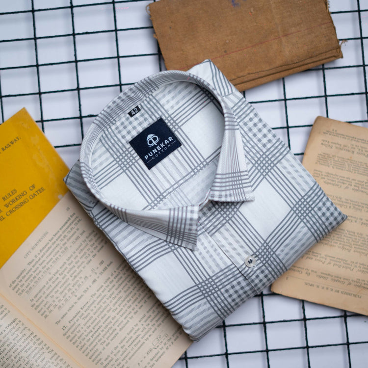 White Color Check Lexus Printed Shirts For Men's - Punekar Cotton