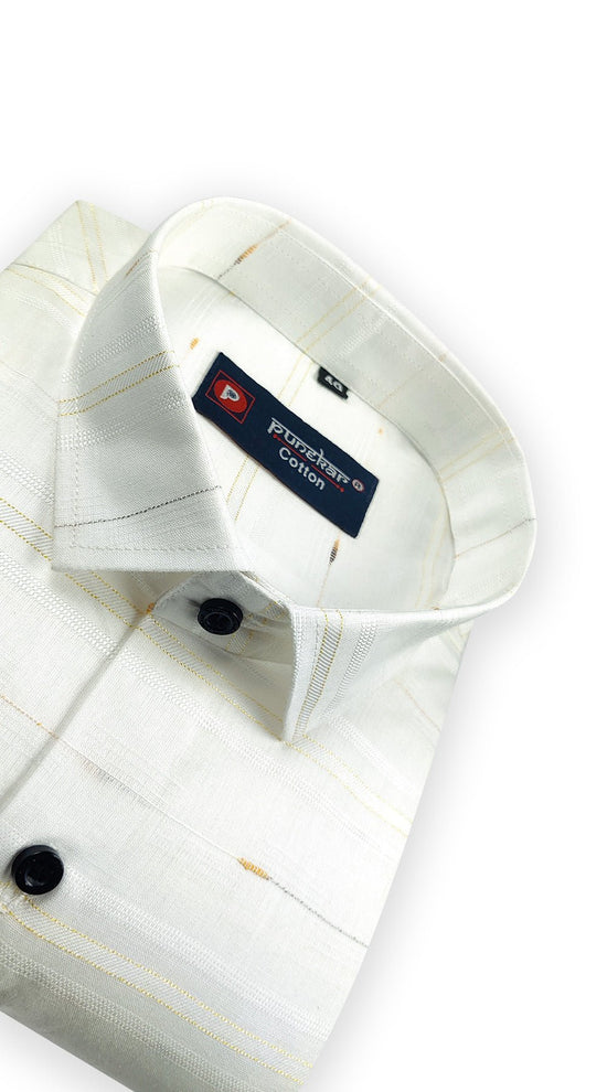 White Color Pure Cotton Panelled Butta Stripes Shirts For Men's - Punekar Cotton