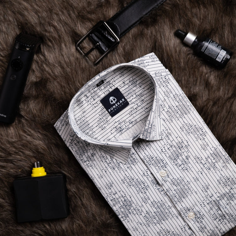 White Grey Color Floral Lining Printed Shirt For Men - Punekar Cotton