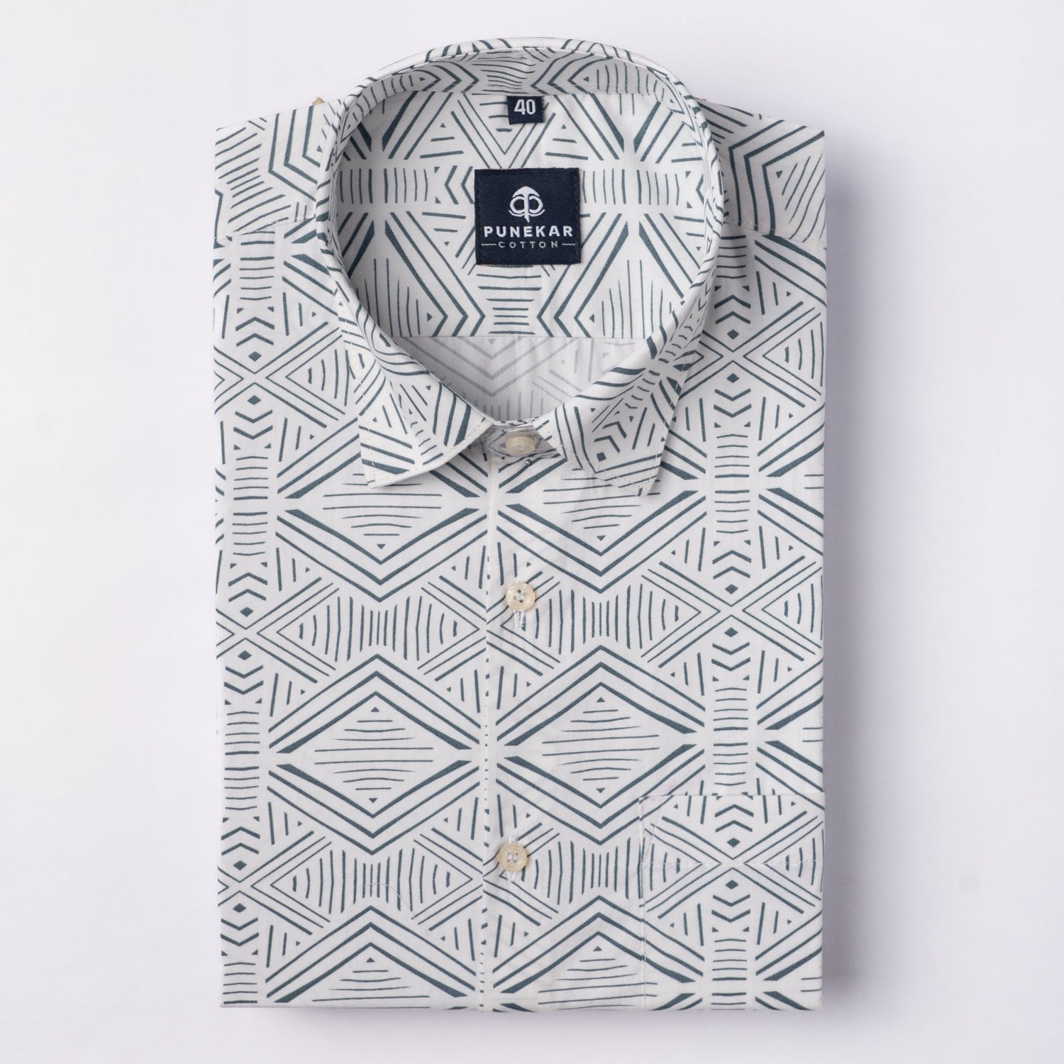 White Grey Color Kaleida Printed Shirt For Men - Punekar Cotton