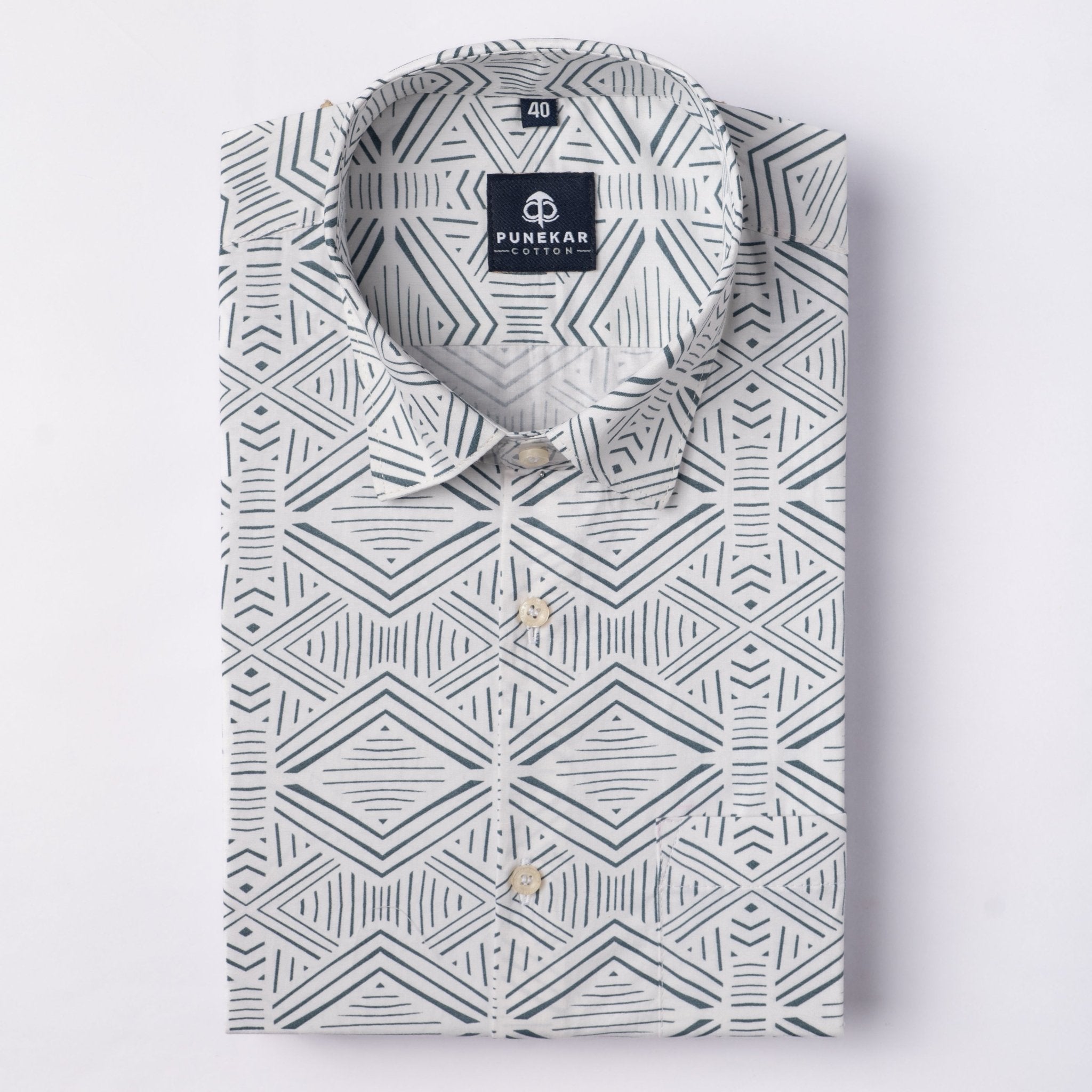 White Grey Color Kaleida Printed Shirt For Men - Punekar Cotton