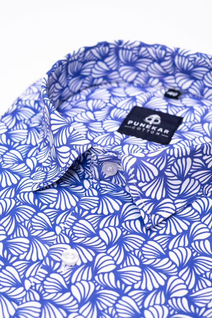 White Navy Blue Color Leaf Printed Shirt For Men - Punekar Cotton