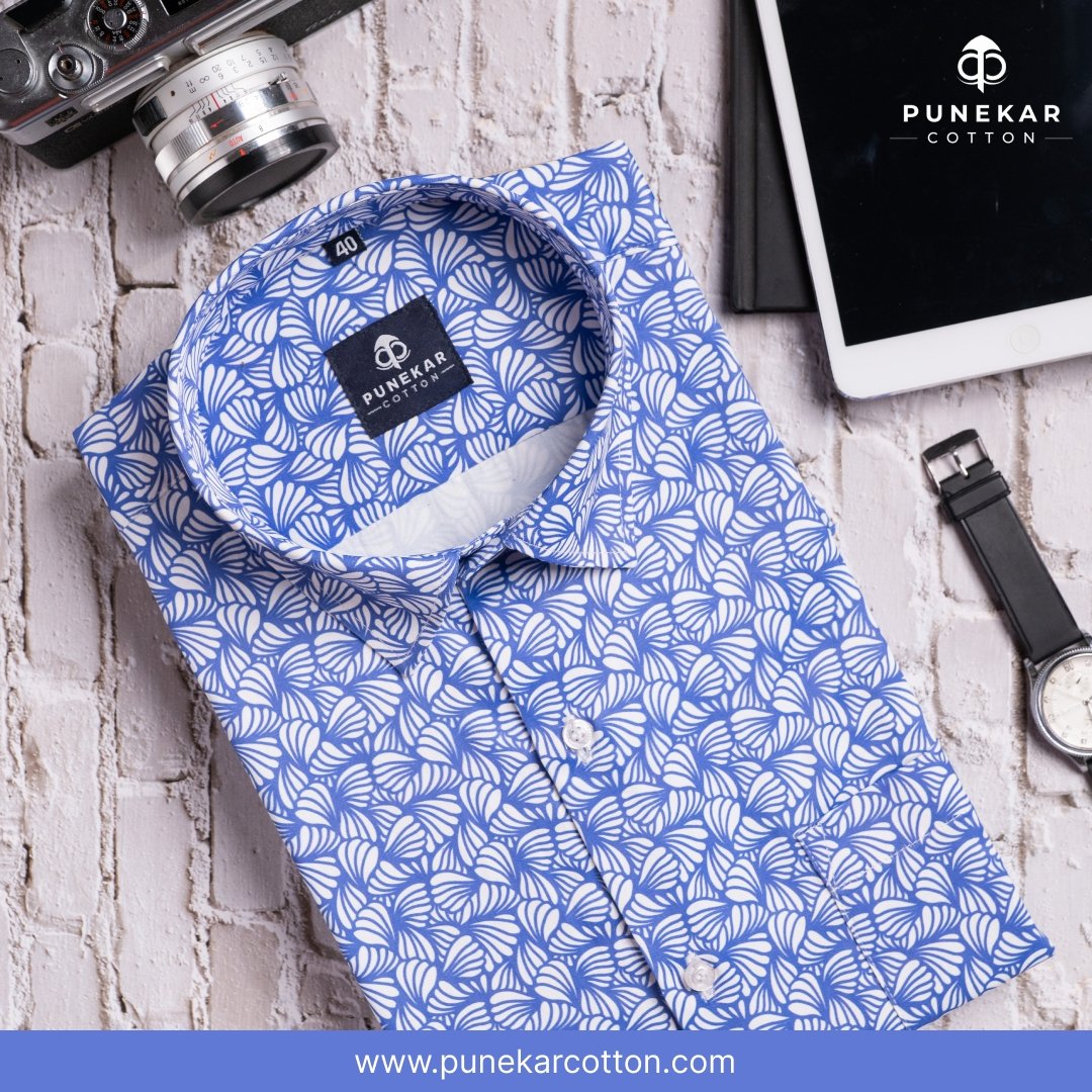 White Navy Blue Color Leaf Printed Shirt For Men - Punekar Cotton