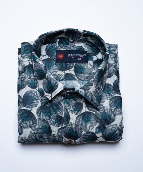 White Peacock Color feather print Shirt For Men - Punekar Cotton