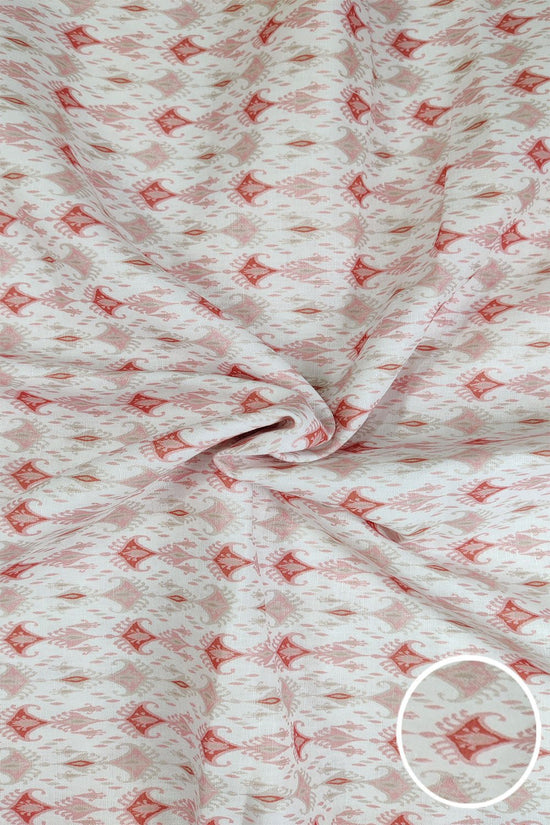 White Red Color Printed Unstitched Linen Fabric - Punekar Cotton