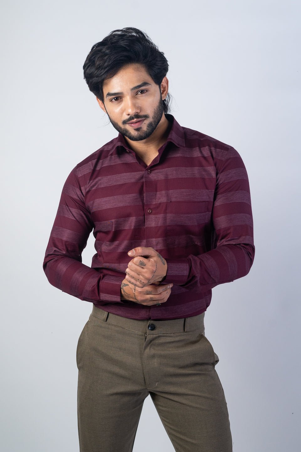 Wine Red Color Cotton Stripe Shirt For Men - Punekar Cotton