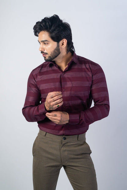 Wine Red Color Cotton Stripe Shirt For Men - Punekar Cotton