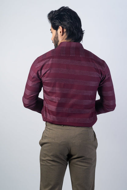 Wine Red Color Cotton Stripe Shirt For Men - Punekar Cotton