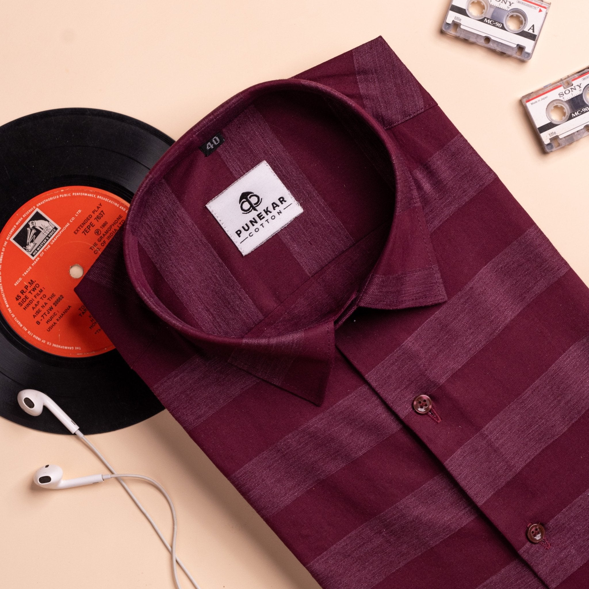 Wine Red Color Cotton Stripe Shirt For Men - Punekar Cotton