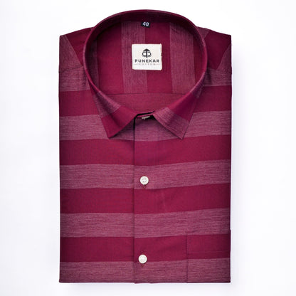 Wine Red Color Cotton Stripe Shirt For Men - Punekar Cotton